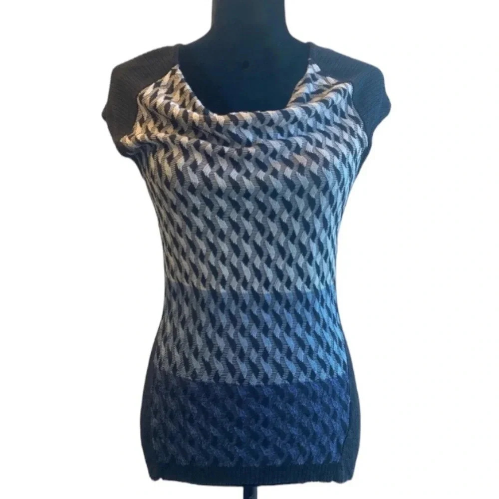 NIC+ZOE Cowl Neck Short Sleeve Knit Top Multicolor Blue Black White Ombré Size M